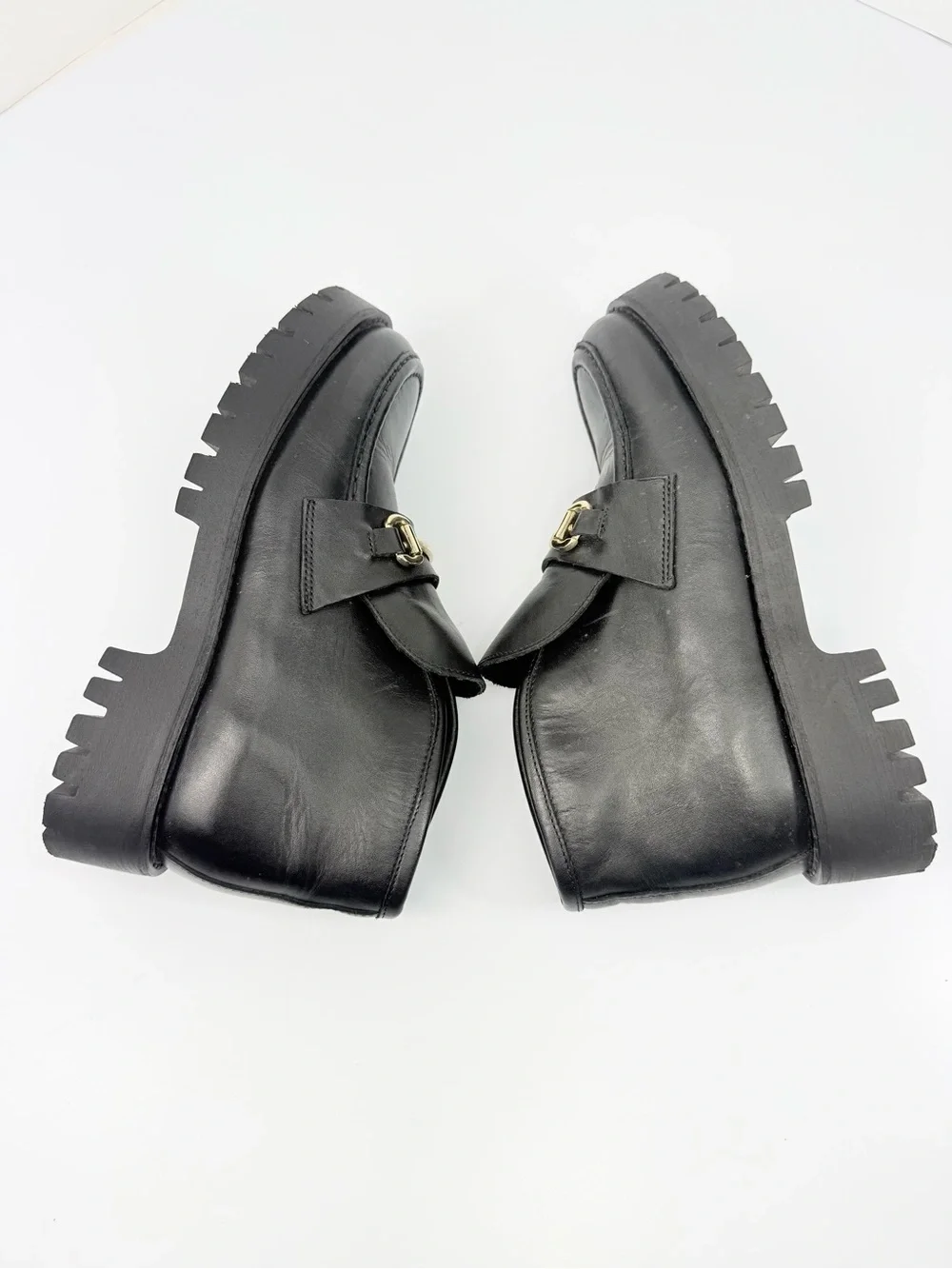 Steve Madden LEON Black Leather Horse bit Toe Chunky Platform Lug Sole Loafers